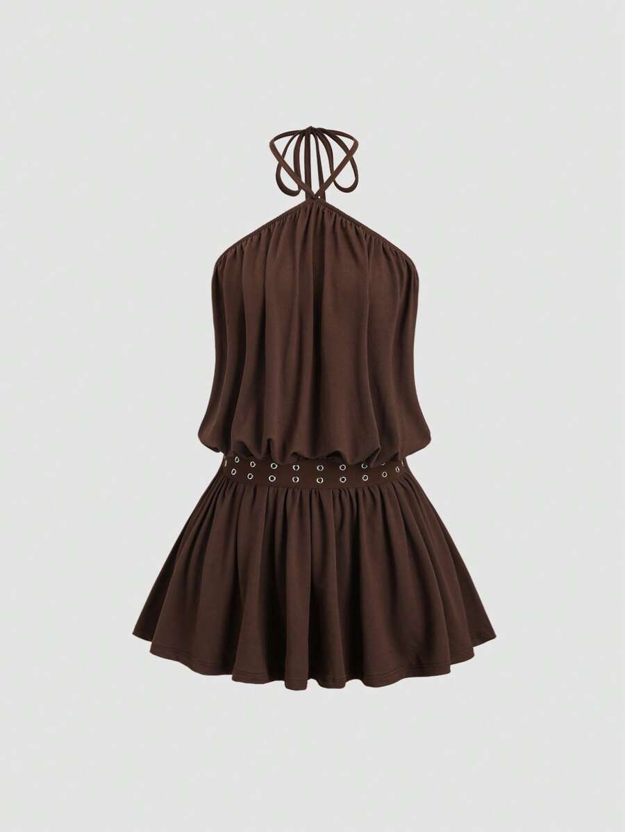 SHEIN Sweetro Đầm ngắn màu nâu gợi cảm kiểu retro Y2K, thiết kế hở lưng cổ yếm, ôm eo, thích hợp cho mùa hè. - Cà phê - Xem 1