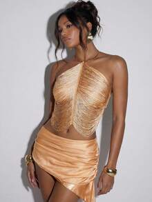 Normani Women's Fringe Design Cropped Halter Top,Apricot,Summer,70s,Party,Solid Color Backless Tassel Latin Top,Exotic Dancewear,Beach,Gold Top - Gold - View 5