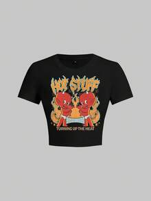 SHEIN HOT STUFF 女士休闲字母卡通印花短袖T恤，日常百搭 - 黑色 - 查看 1