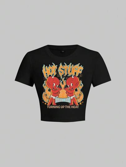 HOT STUFF X SHEIN Women's Casual Letter & Cartoon Print Short Sleeve T-Shirt, Versatile For Daily Wear