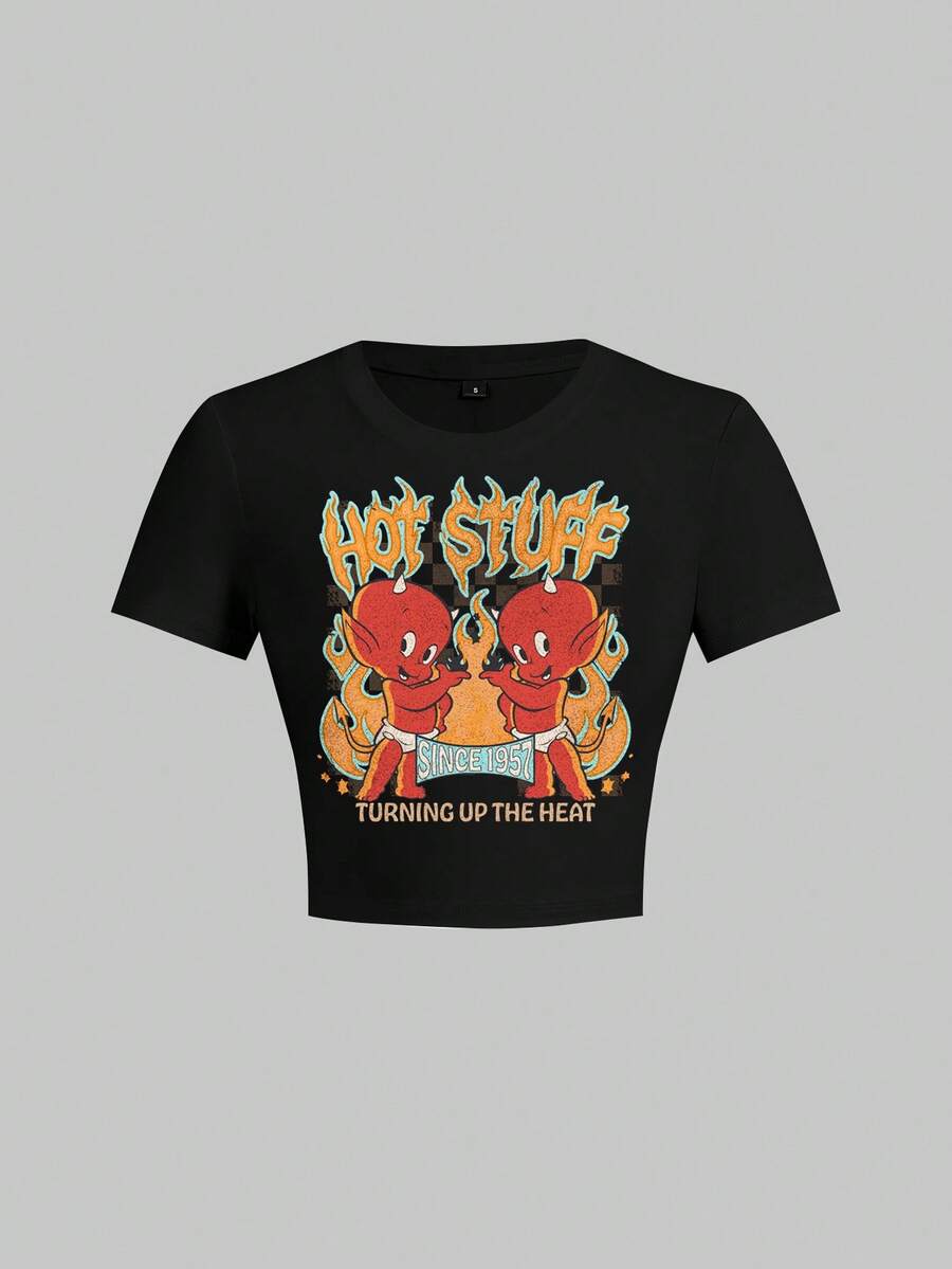 SHEIN HOT STUFF 女士休闲字母卡通印花短袖T恤,日常百搭 - 黑色 - 查看 1