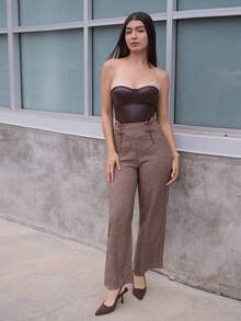 Andrea Bello Vintage Elegant Women Straight Leg Pants, Suitable For All Seasons, Contrast Color Trim, Coffee Color Valentine's Day Valentines Business Casual Woman Church Clothes Women Office Wear Women Cruise Attire Old Money Style Women Teacher Clothes Chinese New Year Valentine's Day Summer For Women Church Clothes Women Festival Outfits For Women - Coffee Brown - View 5