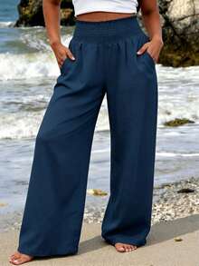Linhara CURVE Damen Große Größen Frühling/Sommer einfarbige Chiffon Casual Loose Hose, Elastischer Bund mit weitem Saum, geeignet für Arbeit und Alltag - Blau - Übersicht 1