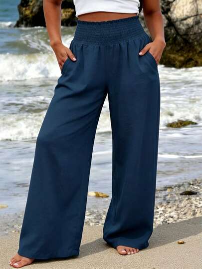Linhara CURVE Plus Size Women's Spring/Summer Solid Color Chiffon Casual Loose Pants, Elastic Waist With Flared Hem, Suitable For Work And Daily Wear