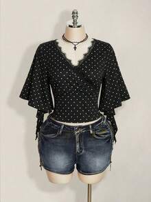 SHEIN ICON Áo thun mùa hè cỡ lớn kiểu dáng thường ngày in chấm bi, viền ren - Nhiều màu - Xem 4