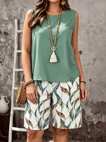EMERY ROSE Conjunto de 2 piezas de talla grande con top sin mangas de unicolor y shorts con estampado todo sobre todo - Multicolor - Ver 1