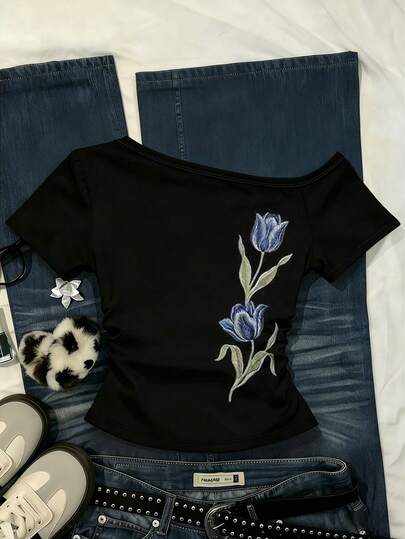 Glimmora Women's Floral Print Casual Versatile Daily Wear Asymmetrical Shoulder T-Shirt