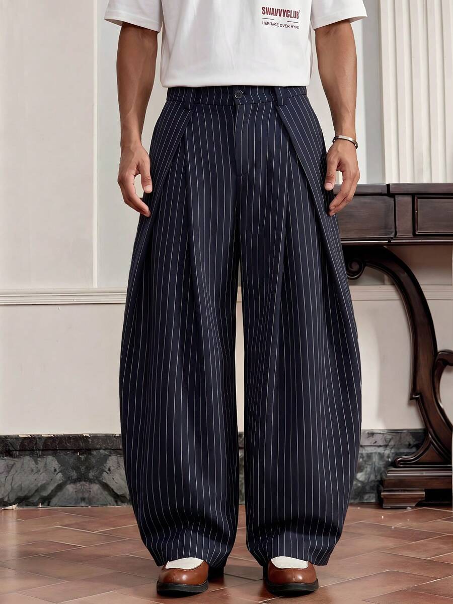 SWAVVY Pantalones holgados con pliegues y bolsillos, a rayas para hombre