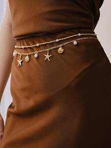 Opalesca 2pcs Bohemian Style Ocean Series Shell & Starfish Beaded Waist Chain For Women - Yellow Gold - View 5