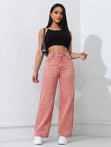 SHEIN ICON 女士时尚休闲直筒口袋牛仔裤 - 淺粉色 - 查看 5