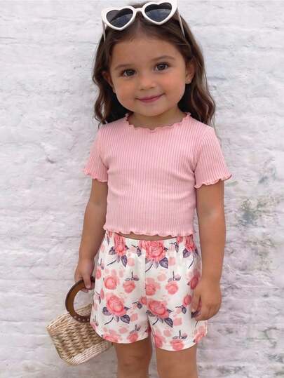  SHEIN Baby Girl Lettuce Trim Tee & Allover Floral Print Shorts