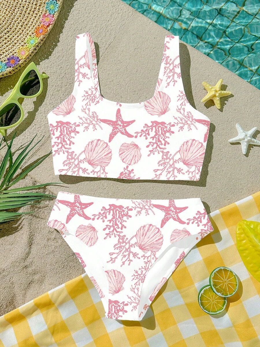 SHEIN Young Girl Starfish & Shell Print Tankini Swimwear Set, Suitable For Summer - Multicolor - View 1