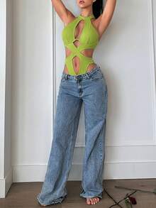 SHEIN SXY Women's Sexy Vacation Style Solid Color Hollow Out Neck Halter Bodysuit - Green - View 6