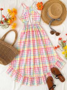 Girls' Colorful Plaid Sleeveless Halter Dress - Multicolor - View 4