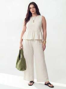 Solavibe Plus Size Women 2 Pieces Set: Sleeveless Top With Ruffle Hem And Pants Beach Formal Vacation Outfits For Woman Beige Summer Elegant - White - View 5