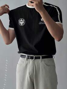 DAZY 男士字母印花拼接撞色领黑色T恤，夏季款 - 黑色 - 查看 3