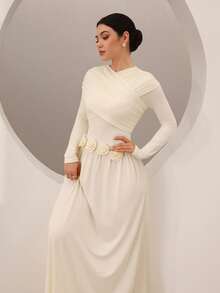 Graceveil 法式优雅花卉针织荷叶边修身喇叭长袖连衣裙，显瘦又优雅 - 淡黃色 - 查看 5