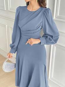 Modelyn Women Elegant Solid Color Lantern Sleeve Midi Dress, Autumn Long Evening Dresses - Blue - View 8