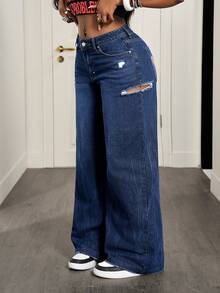 Slaydiva Quần jeans ống loe nữ có túi và cúc, kiểu dáng thoải mái, đa năng, thích hợp mặc hàng ngày. - Màu xanh lam - Xem 5