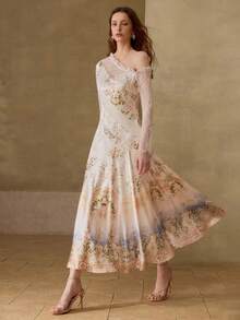 PREMIUM 女士优雅印花撞色蕾丝长裙 - 杏色 - 查看 5