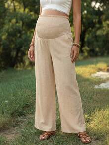 Boho Mama Khaki Stretch Waist Slanted Pocket Linen-Style High-Waisted Linen Pants For Pregnant Women, Perfect For Spring Vacations And Everyday Casual Wear - Apricot - View 3