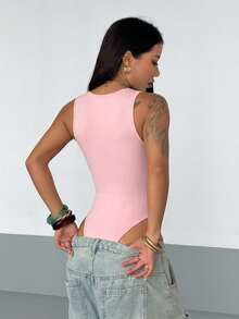 StreetHx Women's Solid Color Sleeveless Front Zipper Bodysuit, Summer - Pink - View 2