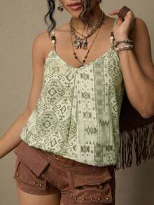 Freevana Blusa sin mangas de estilo retro y versátil para verano, con parte superior tipo camisola de talla grande con estampado geométrico bohemio, tirantes de cuentas de madera y corte holgado - Verde - Ver 5