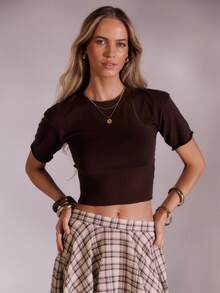 Aralina Women's Dark Brown Jersey Knitted Top,Autumn Chic Everyday Boat Neck Short Batwing Sleeves Cute Cinched Waist T-Shirt Old Money Style Top - Brown - View 7