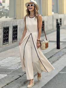 Solivie 女士无袖长款连体裤，撞色滚边设计，时尚优雅，适合春夏穿着。 - 杏色 - 查看 3