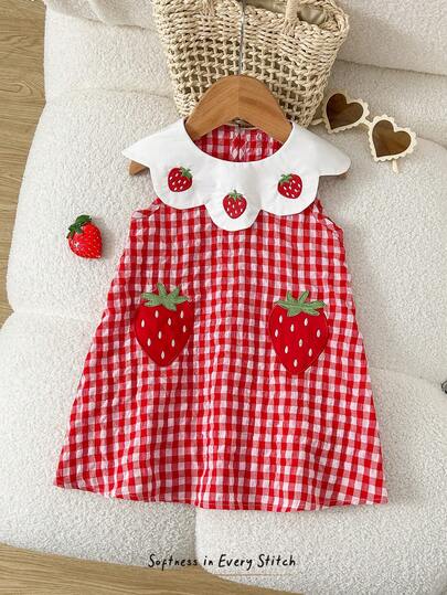 Cozy Pixies 女婴撞色草莓图案圆领无袖连衣裙，百搭舒适