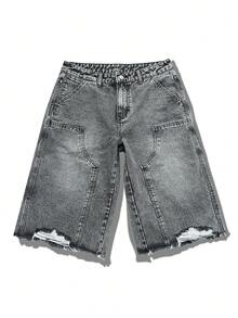 Manfinity EMRG Quần lửng nam phong cách đường phố cổ điển kiểu thợ rừng, quần short denim rách màu tuyết. - Xám - Xem 3