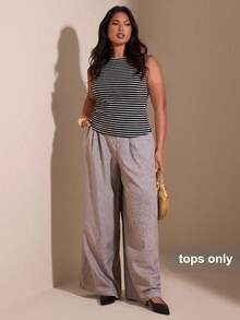 SHEIN BAE Plus Size Summer Casual Striped Round Neck Cinched Waist Tank Top - Black and White - View 5