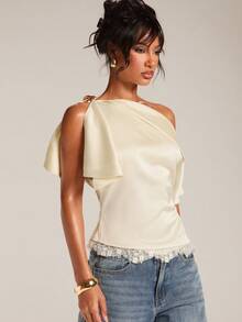 SHEIN BAE Women's Elegant Satin Lace Splice Metal Decor Asymmetrical Shoulder Blouse, Beige For Summer Vacation, Commute Office Party Wear, Casual Formal Occasions - Apricot - View 5