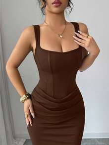Selianne Đầm hè gợi cảm mới, đầm đen, cổ vuông kiểu Pháp, viền corset giả, dáng đuôi cá, thiết kế xếp ly eo, đầm đuôi cá, đầm dự tiệc cưới, thích hợp cho kỳ nghỉ, hẹn hò, tiệc tùng, ngày Valentine, đám cưới. - màu nâu - Xem 3