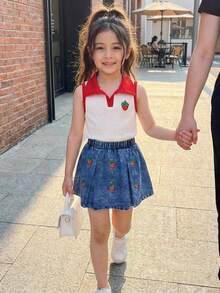 SHEIN Playful Pals 2pcs/Set Toddler Girls' Summer Outfit,Sleeveless Polo Neck Top & Embroidered Strawberry Denim Skirt,Matching Clothes For School,Family Vacation - Apricot - View 1