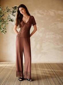 MOTF PREMIUM WOMEN'S V-NECK CONTRAST LACE SHORT SLEEVE TOP AND LONG PANTS PAJAMA SET - Brown - View 4