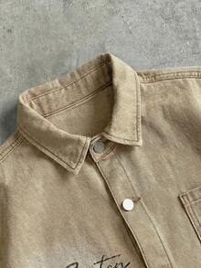 AXEPEAK Men's Washed Print Jacket, Brand High-End Lapel Stylish Short Sleeve Top - Khaki - View 5
