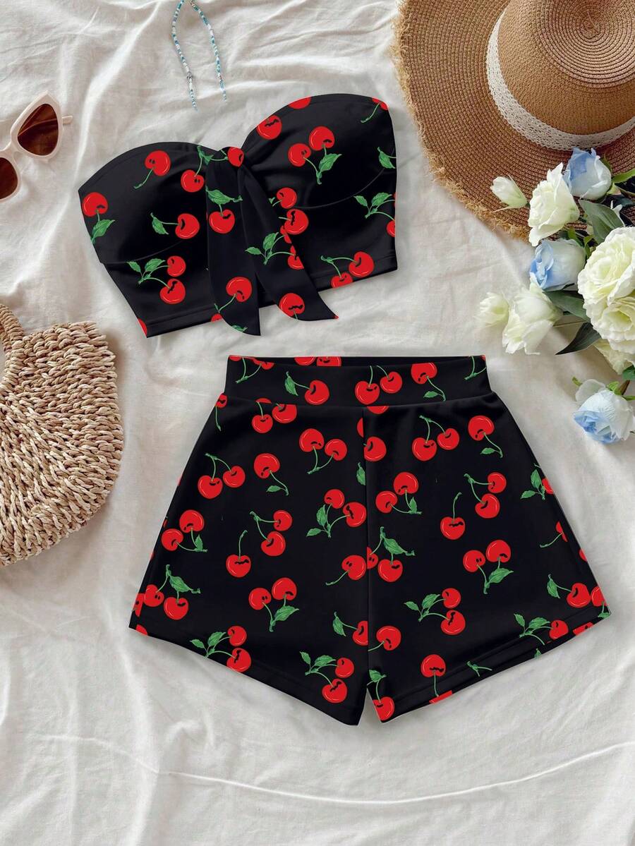 Soleia Women's Cherry Print Black And Red Bandeau Top & High Waisted Shorts 2 Pieces Set,Cute Summer Beach Holiday Vacation Outfit Two Piece Swimsuit Set - Black - View 1