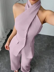 Modelyn 2 件套女士无袖纯色背心和裤子套装，夏季时尚 - 紫色 - 查看 4