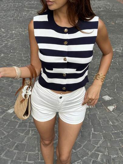 Pariaura Áo khoác cardigan nữ ngắn tay không tay cổ tròn kẻ sọc xanh trắng, cài kim loại, thời trang tối giản, thanh lịch, phù hợp cho mùa xuân/hè.