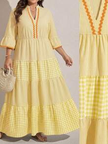 SHEIN LUNE Plus Size Summer Vacation Striped & Plaid Splice Notched Neck Dress Fall - Yellow - View 6