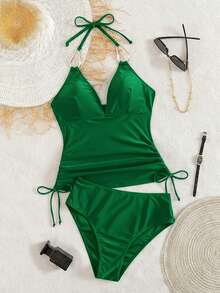 Swim Chiccia Tankini elegante y de moda para damas con cuello en V de metal negro, cordón arrugado, para la playa y festivales de música, primavera/verano - Verde - Ver 1