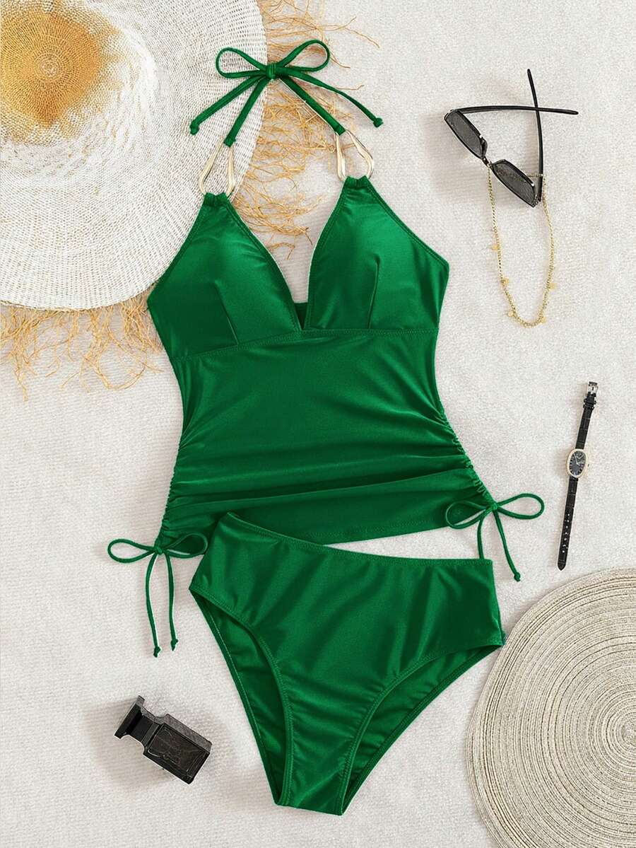 Swim Chiccia Tankini elegante y de moda para damas con cuello en V de metal negro, cordón arrugado, para la playa y festivales de música, primavera/verano - Verde - Ver 1