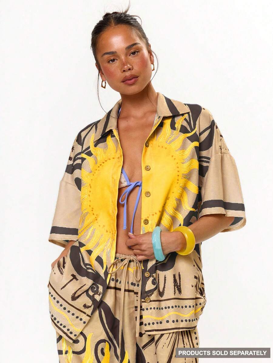 MUSERA Camisa de manga corta con botones y estampado gráfico solar, ideal para vacaciones, festivales, casual y elegante, con estilo de vacaciones en la playa de Ibiza, primavera y verano - Marrón Chocolate - Ver 1