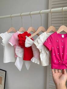 SHEIN Áo thun ngắn tay màu trơn mùa hè cho bé gái, lệch vai, có bèo nhún. - Đỏ - Xem 12