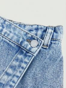SHEIN Váy quần denim cạp lệch bất đối xứng phong cách Y2K cho bé gái tuổi teen, trang phục mùa hè cho nữ. - Màu xanh lam - Xem 3