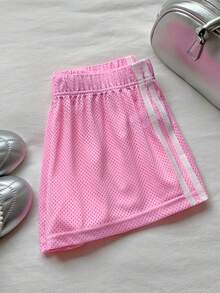 Comfortcana 女款復古街頭風運動水洗粉色與白色條紋針織寬腿休閒短褲，適合健身慢跑夏季穿著 - 粉色 - 查看 3