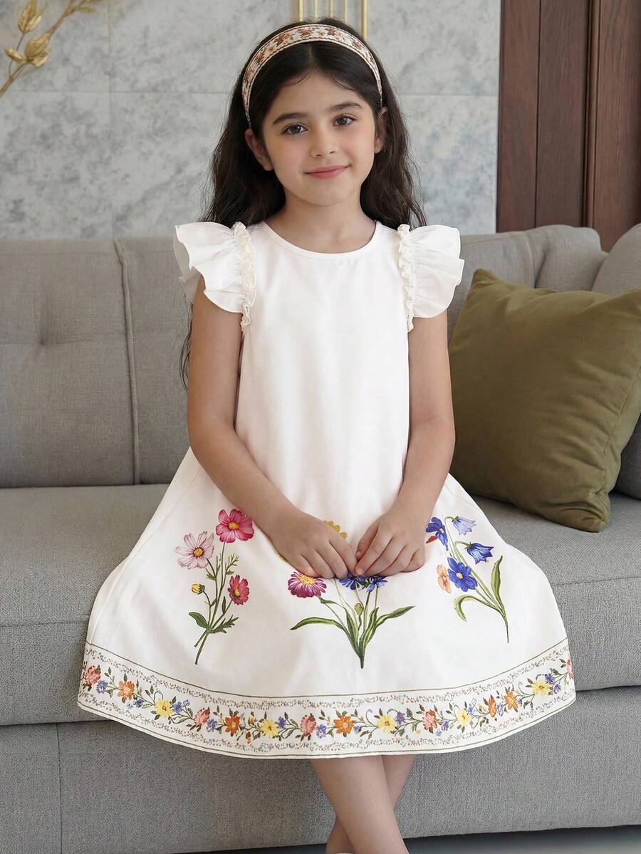 Gaun Anak Perempuan Lucu Motif Bunga Lengan Pendek, Musim Panas - Putih - View 1