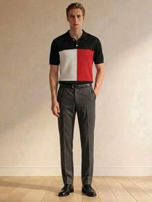 Manfinity CityGents 男士 Polo 領拼色短袖針織上衣，夏季休閒畢業黑白高爾夫上衣，中式領針織復古度假風 - 黑色 - 查看 5