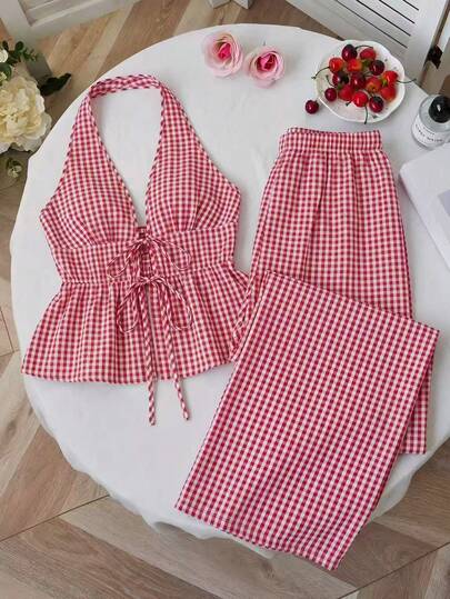 Sweetra Women's Plaid Halter Tie Ruched Top And Pants Casual Everyday Suit
